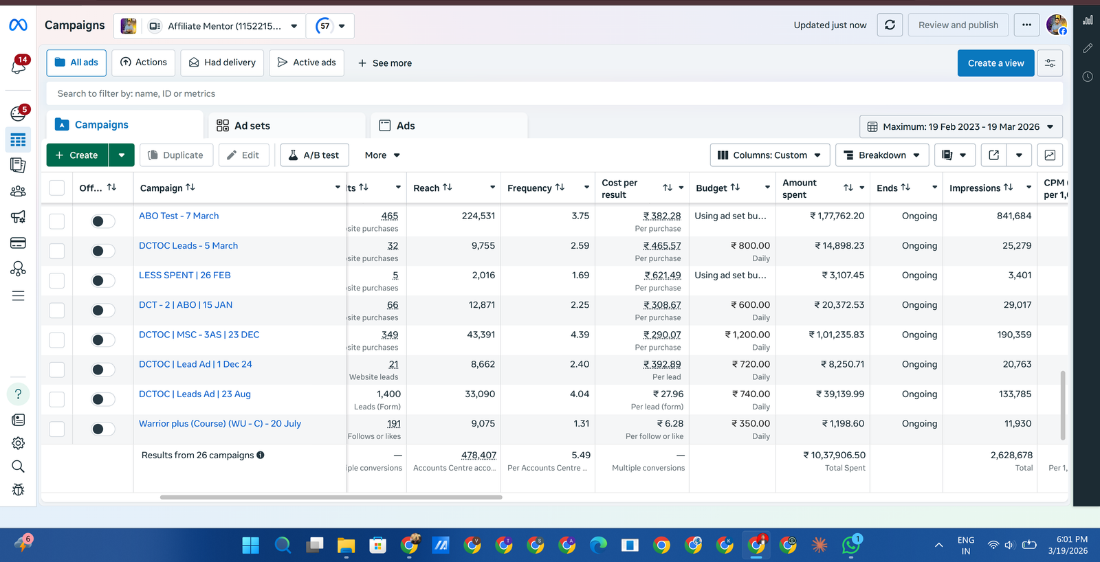 Meta Ads ad set performance with targeting and reach